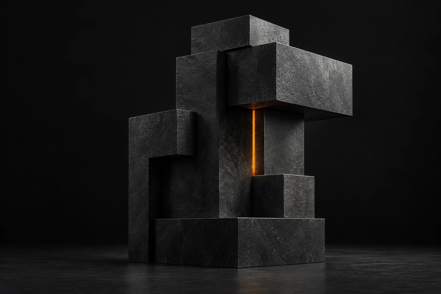 A modular graphite sculpture with a single illuminated orange seam