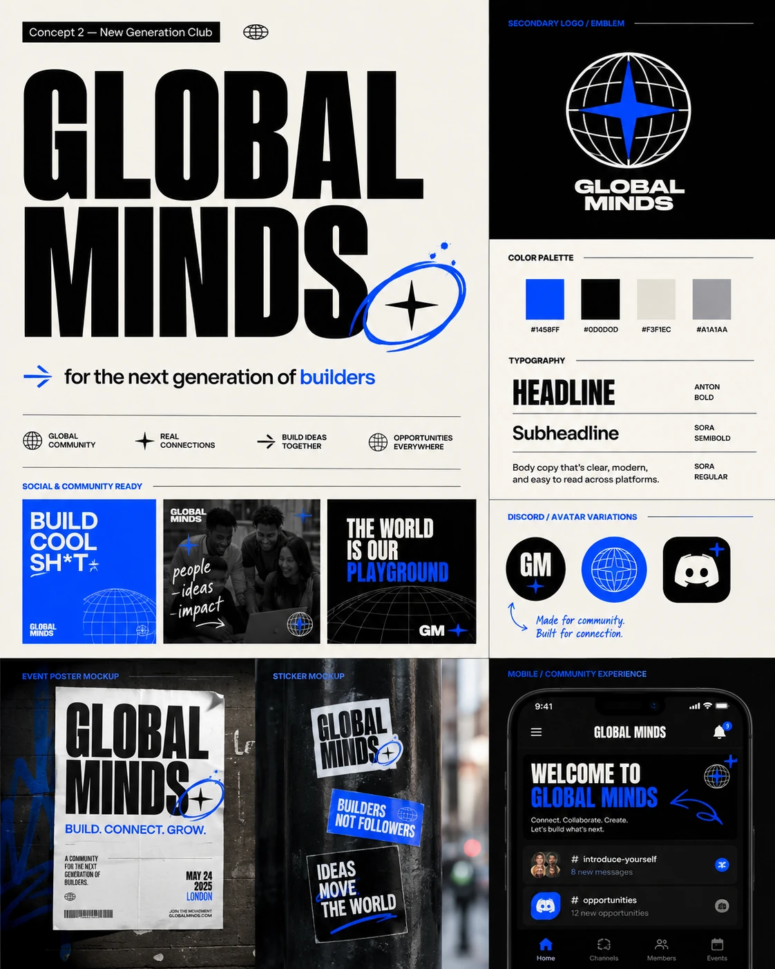 Global Minds creative direction: electric blue, bold typography, community posters and identity concepts