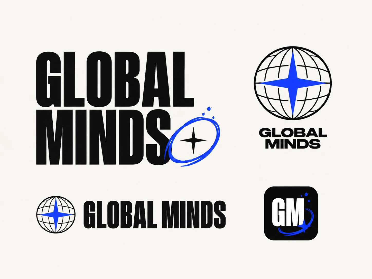 Global Minds visual identity with wordmarks, a globe and electric-blue star