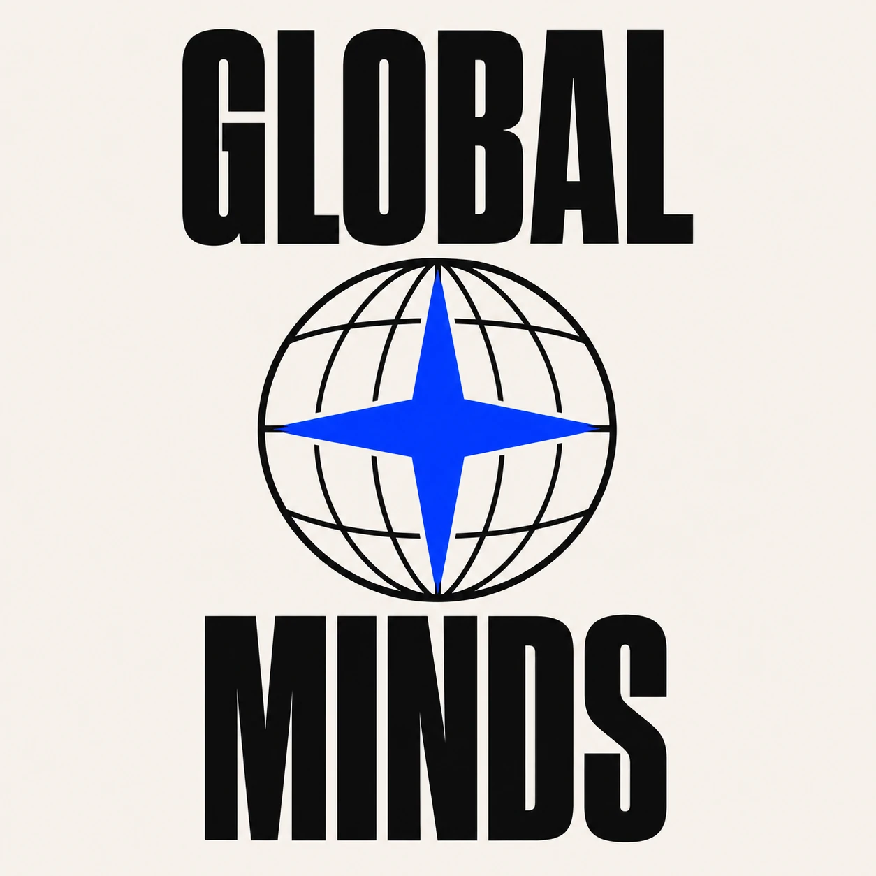 Global Minds identity: bold black lettering and a blue compass star within a globe